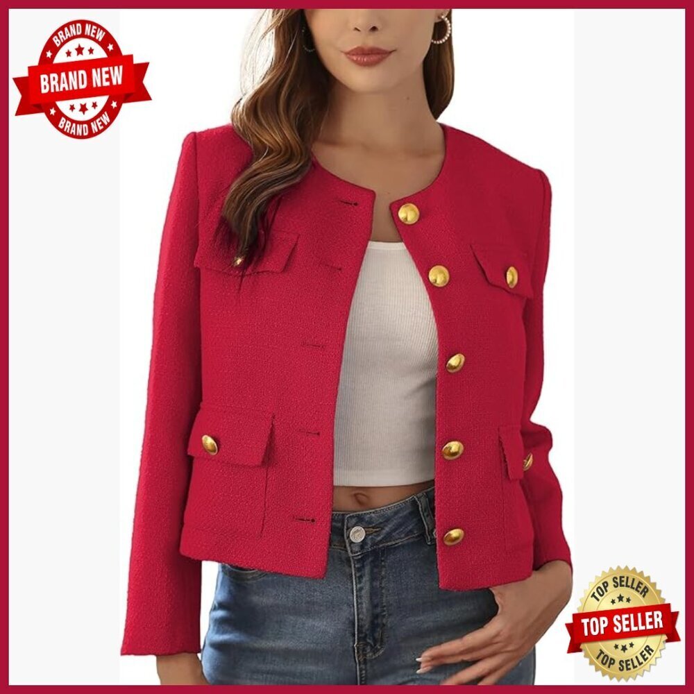 Cropped Tweed Blazer with Gold Buttons, Business Casual Jacket